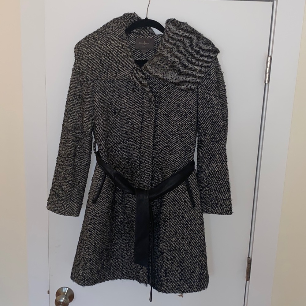 Vintage Cole Haan belted wool/leather trim coat